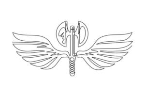 plantilla de icono de alas de hacha de dibujo de una línea continua. logotipo de hacha alada en blanco y negro con elegantes alas extendidas y plumas para el diseño del logotipo. ilustración gráfica de vector de diseño de dibujo de una sola línea