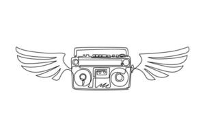 Single continuous line drawing winged boombox black and white music emblem. Tape recorder monochrome graffiti with wings. Retro radio icon. Dynamic one line draw graphic design vector illustration