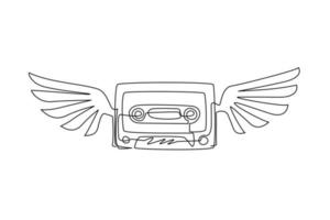 Single one line drawing retro cassette with wings sticker icon. Cassette tape music angel wing fly logo template. Cassette angel with wings and flat style. Continuous line draw design graphic vector