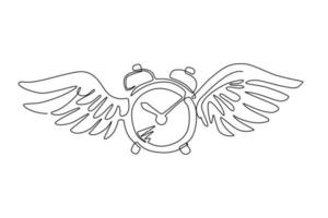 el tiempo de dibujo de una sola línea continua vuela concepto. reloj despertador de mesa con alas. reloj volador plano. icono o símbolo de tiempo. despertador alado volando en el cielo. ilustración de vector de diseño de dibujo de una línea