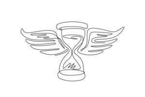 Continuous one line drawing time flies. Hourglass with wings drawing, spending time concept. Hand drawn vintage style. Sandglass with bird wings. Single line draw design vector graphic illustration