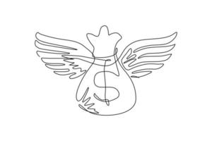 bolsa de dinero de dibujo de una sola línea volando con alas. icono de bolsa de dinero en dólares. bolsa con dinero con alas, signo de dólar, moscas y brillos. ilustración de vector gráfico de diseño de dibujo de línea continua moderna