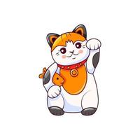 Good luck cat Maneki Neko with his paw raised. Statuette is a symbol of wealth. Vector cartoon illustration