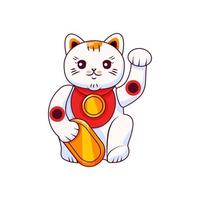 Maneki Neko is a Japanese cat with raised paws and a bag of money. Symbol of luck and wealth. Vector cartoon illustration on a white isolated background