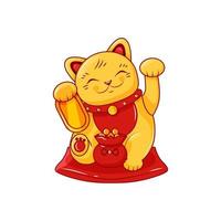 gato japonés dorado maneki neko con una pata levantada y una bolsa de dinero. símbolo de suerte y riqueza. ilustración de dibujos animados de vector sobre un fondo blanco aislado