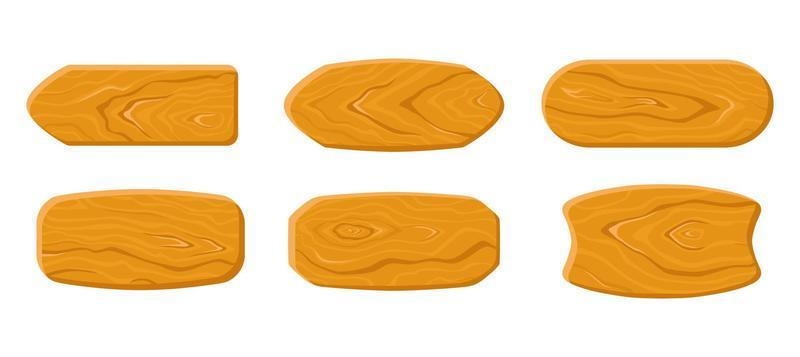 Various wooden plaques set on a white isolated background. Timber tablets. Rustic board. Vector cartoon illustration