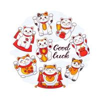 Japanese cats maneki neko with good luck wishes. Symbol of wealth. Vector cartoon set
