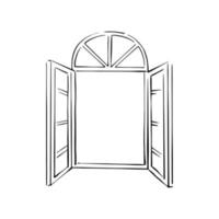 boceto de ventana abierta sobre fondo aislado. elemento de la arquitectura. ventana de vidrio. ilustración vectorial dibujada a mano. vector