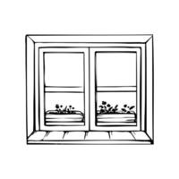 Closed window and flowers sketch. View from the window. Vector hand-drawn illustration