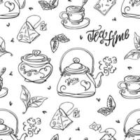 Tea time seamless pattern. Hand-drawn background. Coloring book vector
