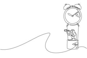 Continuous one line drawing Arabic businessman, manager or employee ride hot air balloon alarm clock and looking forward with telescope. Time management business travel. Single line draw design vector