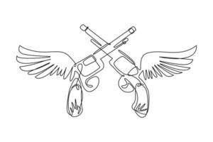 dibujo de una sola línea continua dos pistolas de revólver de vaquero con el símbolo del logotipo del icono de las alas. dos pistolas cruzadas aladas sobre fondo blanco aisladas. Ilustración de vector de diseño gráfico de dibujo de una línea dinámica