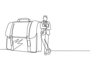 Single continuous line drawing modern confident male entrepreneur leaning on large briefcase. Happy businessman standing with elegance pose. Dynamic one line draw graphic design vector illustration