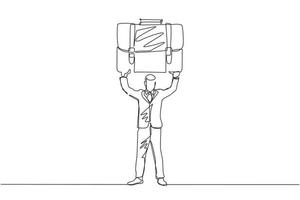 Single continuous line drawing strong manager or businessman raises big briefcase. Business person has achieved success. Rejoices in success. Dynamic one line draw graphic design vector illustration