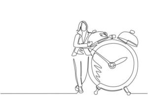 Single continuous line drawing businesswoman, manager or employee stand and hugging big clock. Concept of time management. Time, watch, time to work. One line draw graphic design vector illustration