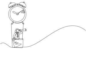 Single continuous line drawing cute businesswoman, manager or employee ride hot air balloon alarm clock and looking forward with telescope. Time management business travel. One line draw design vector