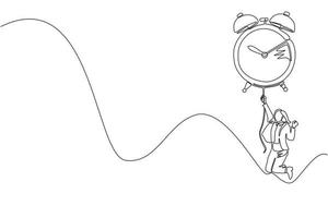 Single one line drawing happy businesswoman, manager or employee flying with big balloon alarm clock and hold rope. Time management business metaphor. Continuous line draw design vector illustration