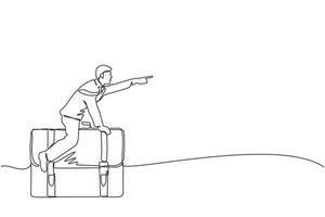 Single one line drawing businessman flying on leather business briefcase. Leadership and attack. Business person move achieve success. Modern continuous line draw design graphic vector illustration