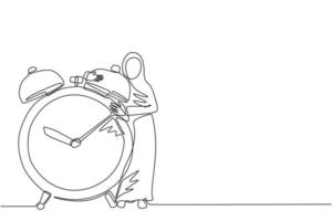 dibujo continuo de una línea empresaria árabe, gerente o empleado de pie y abrazando un gran reloj. concepto de gestión del tiempo, reloj, tiempo para trabajar. ilustración gráfica de vector de diseño de dibujo de una sola línea