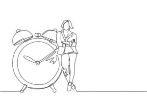 Single one line drawing cute businesswoman, manager or employee stand leaning to big clock. Concept of time management. Time, watch, limited offer, deadline symbol. Continuous line draw design vector