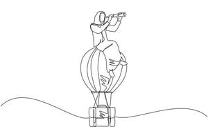 Continuous one line drawing Arab businesswoman sitting and looking through telescope in hot air balloon briefcase. Female in suitcase balloon search to success. Business travel. Single design vector