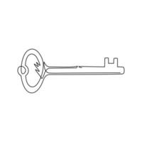 Single one line drawing vintage turnkey key isolated. Logo, sign symbolized kept secret. Personal data protection, antivirus internet security. Continuous line draw design graphic vector illustration