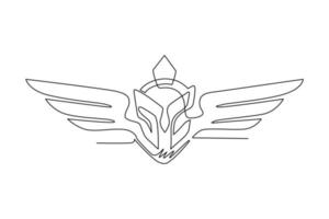 Single continuous line drawing spartan helmet with wings. Spartan warrior with wings logo, spartan angel. Warrior symbol flat icon isolated. Dynamic one line draw graphic design vector illustration