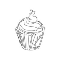 Continuous one line drawing cupcake with cream and cherry logo. Hand drawing art dessert theme with muffin and red cherry for logo isolated. Minimalistic poster. Single line draw design vector graphic