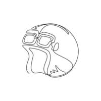 Continuous one line drawing vintage motorcycle classic helmet with goggles icon. Transportation industry. Retro aviator helmet isolated on white. Single line draw design vector graphic illustration