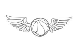 Single continuous line drawing flying basketball ball with wings. Basketball emblem. Flying ball. Black and white outline. Logo for the game and team. Dynamic one line draw design vector illustration