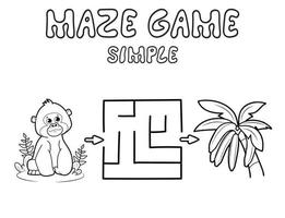 Simple Maze puzzle game for children. Outline simple maze or labyrinth game with gorilla. Monkey and bananas vector