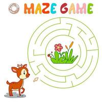 Maze puzzle game for children. Circle maze or labyrinth game with deer. vector