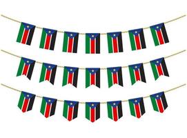 South Sudan flag on the ropes on white background. Set of Patriotic bunting flags. Bunting decoration of South Sudan flag vector