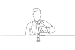 Continuous one line drawing strategy, leadership and management concept. Young smiling businessman sitting and moving chess figure alone feeling confident. Single line draw design vector illustration