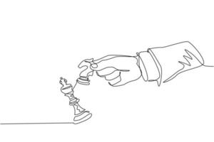 Single continuous line drawing man hand holding chess horse knight. Male use horse knight chess piece to crash opposite team king figure. Checkmate. Win in chess game. One line draw design vector