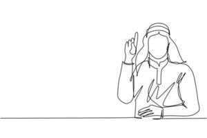 Single continuous line drawing young Arab male pointing up finger while standing and smiling. Happy man pointing copy space. Emotion and body language concept. One line draw design vector illustration