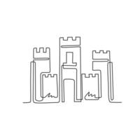 Continuous one line drawing knight's castle. Stone medieval fortress with tower, wall and gate. Protection from enemies. Reliability and defense of the city. Single line draw design vector graphic