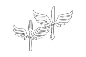 Single continuous line drawing food fork and knife with wings fly flat logo symbol icon. Winged silhouette fork and knife. Food business theme. Dynamic one line draw graphic design vector illustration