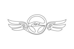 Continuous one line drawing steering wheel with wings. Driving school logo or symbol. Design flat element for emblem, sticker, badge, label, icon. Single line draw design vector graphic illustration