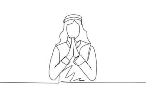 Single continuous line drawing Arabian businessman apologize, begging to client with hands together with hope expression on face very emotional and worried. One line draw design vector illustration