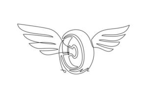 Single one line drawing wheel with wings. Winged car tires isolated. Design flat element for logo, label, emblem, sign, badge, t-shirt, poster. Modern continuous line draw graphic vector illustration