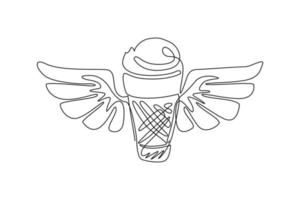 Single continuous line drawing ice cream cone with wings icon. Winged frozen ice cream logo for food business. Delicious dessert in summer. Dynamic one line draw graphic design vector illustration