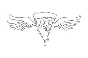 Single continuous line drawing sliced pizza with wings. Flat isolated pizza, meal, delivery, cafe, fun illustration with olives and sausage. Love pizza for cafe. One line draw graphic design vector