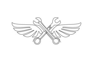 Single continuous line drawing two crossed wrench with wings. Auto mechanic car repair shop icon with wings. Fast car service, vehicle maintenance. One line draw graphic design vector illustration