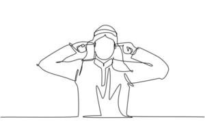 Single one line drawing young Arabian man covering ears with fingers with annoyed expression for noise of loud sound or music while eyes closed. Continuous line draw design graphic vector illustration