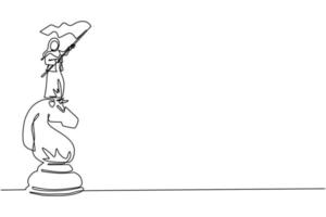 Continuous one line drawing Arabian businesswoman standing on top of big horse knight chess and waving a flag. Business achievement goal, metaphor concept. Single line draw design vector illustration