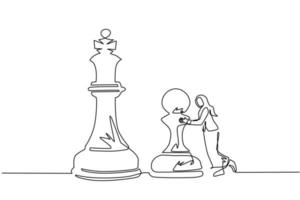 una sola línea continua dibujando una empresaria árabe empujando una enorme pieza de ajedrez de peón. estrategia comercial y plan de marketing. movimiento estratégico en el concepto de negocio. ilustración de vector de diseño gráfico de dibujo de una línea