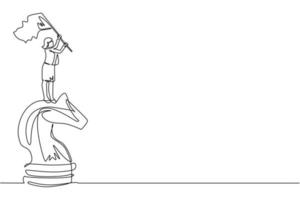 Continuous one line drawing businesswoman standing on top of big horse knight chess and waving a flag. Business achievement goal, metaphor concept. Single line draw design vector graphic illustration