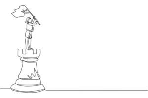 Single one line drawing businesswoman standing on top of big rook chess and waving a flag. Leader success concept. Successful business strategy. Continuous line draw design graphic vector illustration