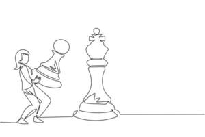 Single continuous line drawing businesswoman holding pawn chess piece to beat king chess. Strategic planning, business development strategy, tactics in entrepreneurship. One line draw design vector